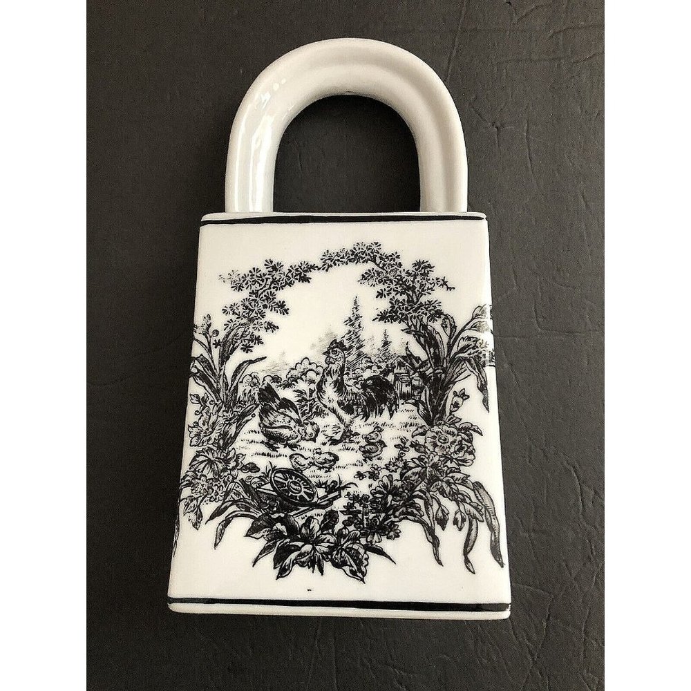 Formalities Baum Bros Vase Purse Handbag Shape Black White Ceramic Chickens